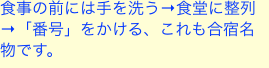 食事の前には手を洗う→食堂に整列→「番号」をかける、これも合宿名物です。